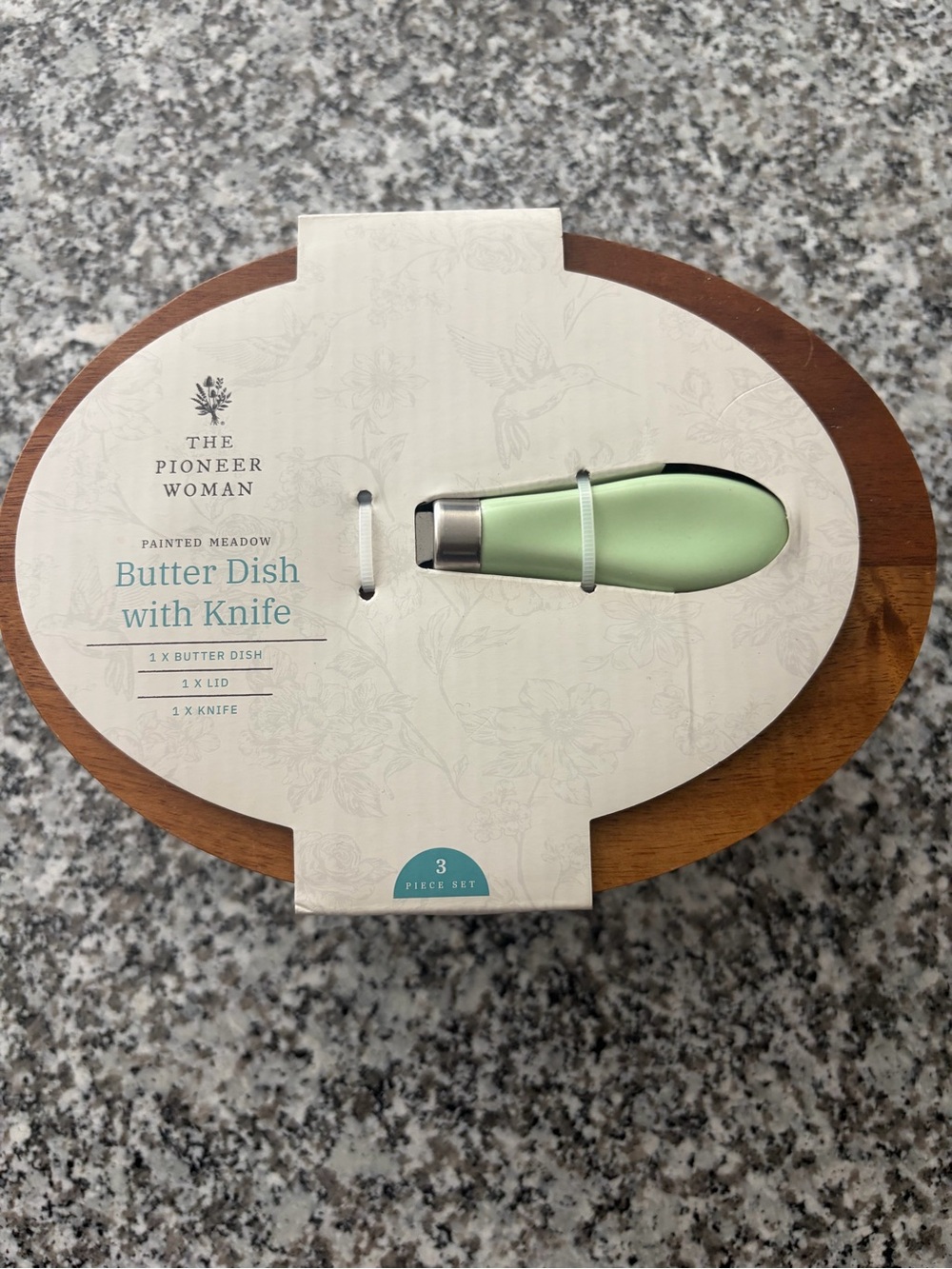 The Pioneer Woman Painted Meadow Butter Dish Set in Light Green and Wood